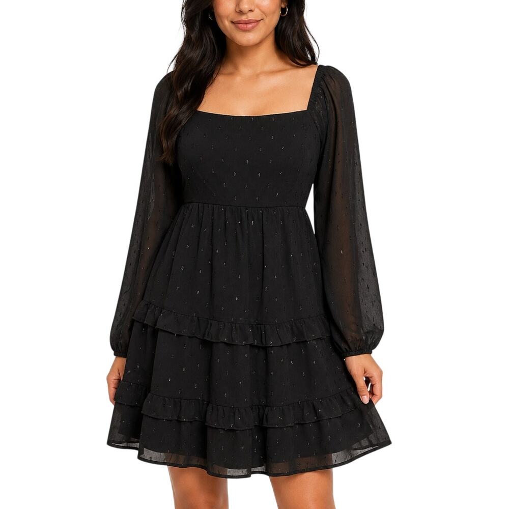 Black Puff Sleeve Babydoll Mini Dress Small Smocked Square Neck NWT